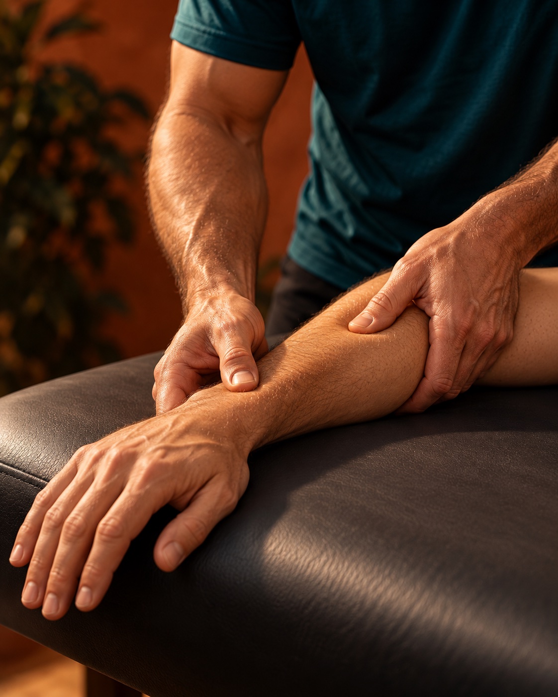 Close-up of a therapist applying focused massage to a supported forearm