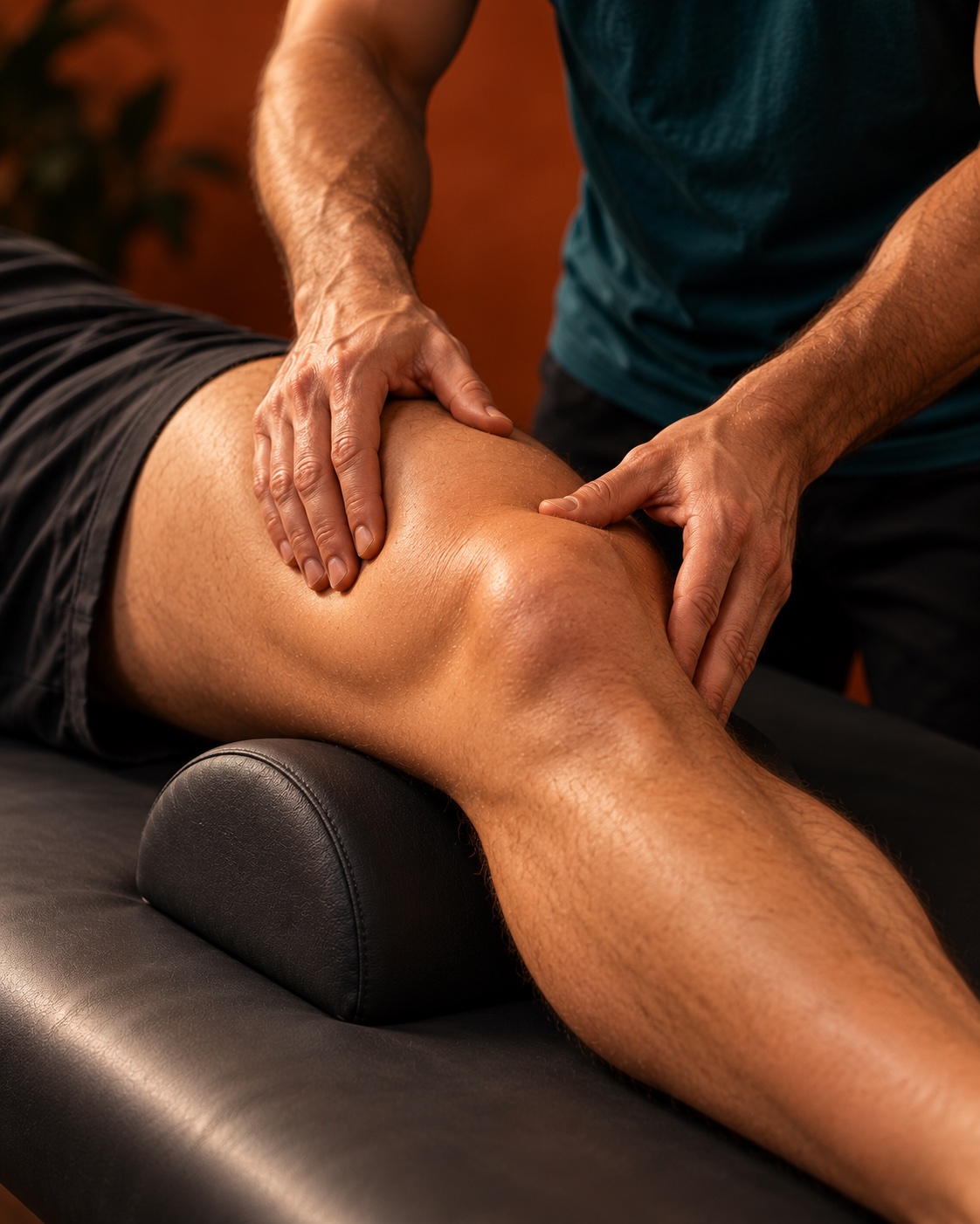 Close-up of massage treatment around the knee and lower thigh