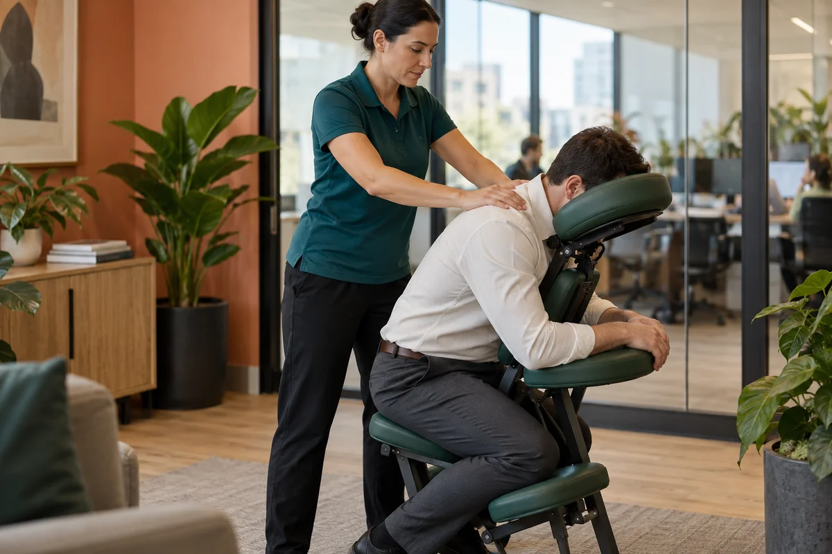 Illustration of chair massage in a modern workplace
